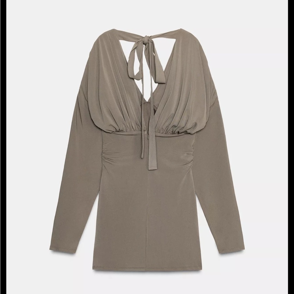 Zara limited edition voluminous Taupe Long-Sleeve Dress with back tie - Picture 9 of 14